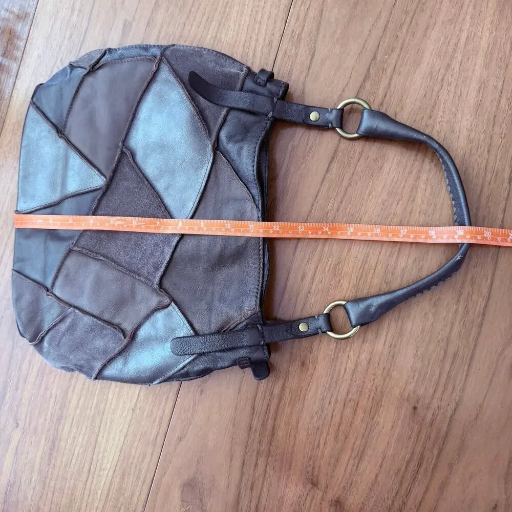Lucky Brand Leather Suede Patch Silver Pewter Bronze Brown Shoulder Bag Hobo